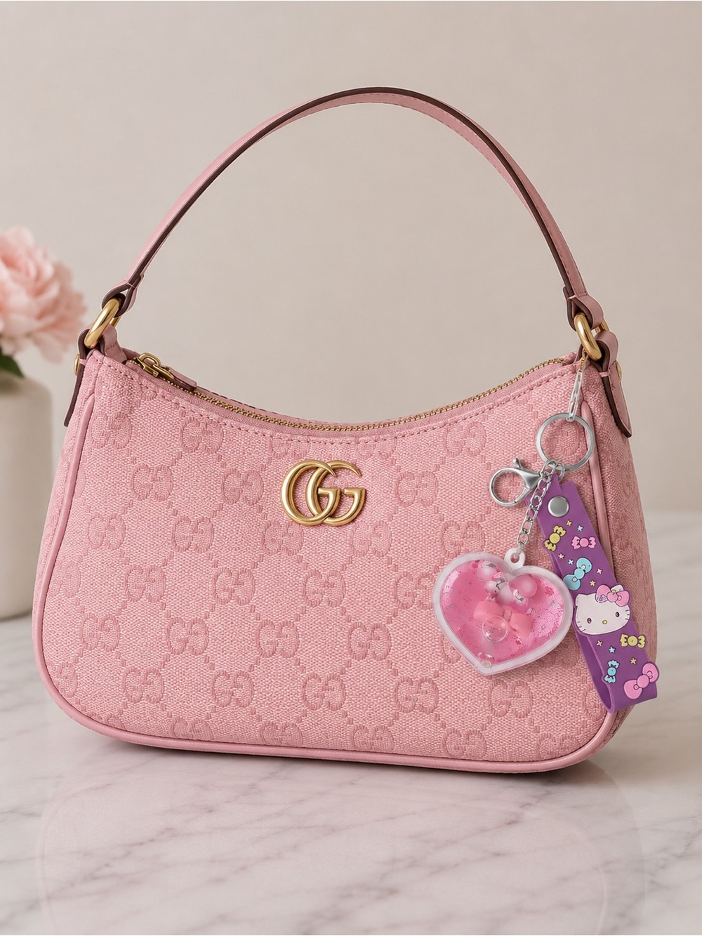 Sanrio Hello Kitty Heart Glitter Liquid Keychain Charm.